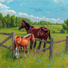 Horses in meadow with wooden fence, trees, yellow flowers, blue sky