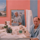 Elderly Person Surrounded by Art Supplies and Paintings