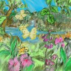 Lush Tropical Scene with Flowers, Butterflies, and Waterfall