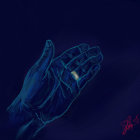 Blue hand against starry night sky with glowing fingertips