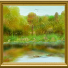 Tranquil pond scene with ducks, trees, and autumn colors.