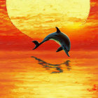 Dolphin jumping in vibrant sunset with low sun reflection