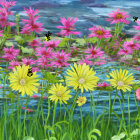 Colorful garden with yellow and pink flowers by water and lush greenery