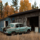 Vintage Teal Car Parked by Old Wooden Barn and Autumn Trees