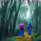 Two figures in blue cloaks with pink umbrella walking in lush forest scenery