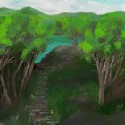 Lush Green Forest Painting with Stone Path and Serene Lake