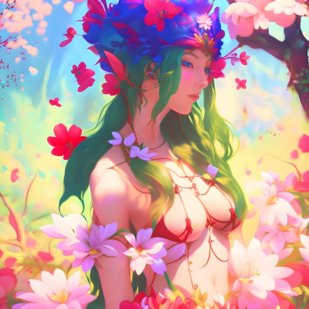 Colorful artwork: Female figure with green hair, floral wreath, jewelry, surrounded by flowers