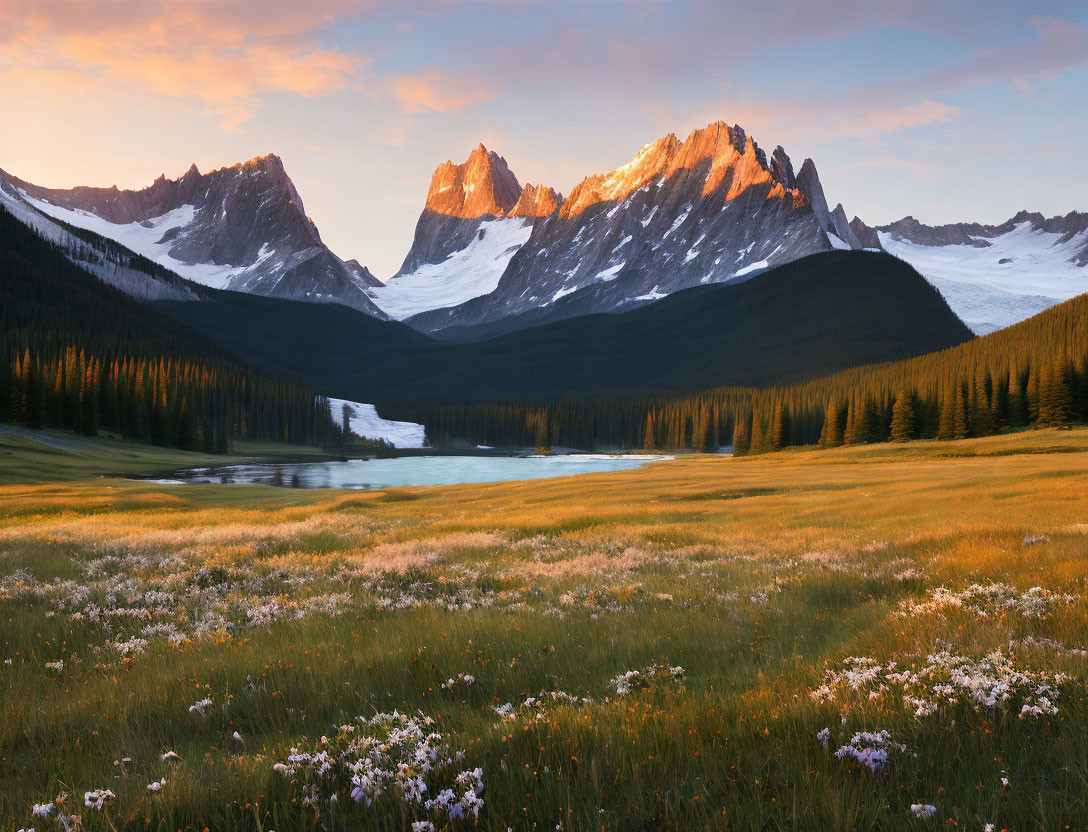 Scenic landscape: sunlit mountains, serene lake, lush meadow.