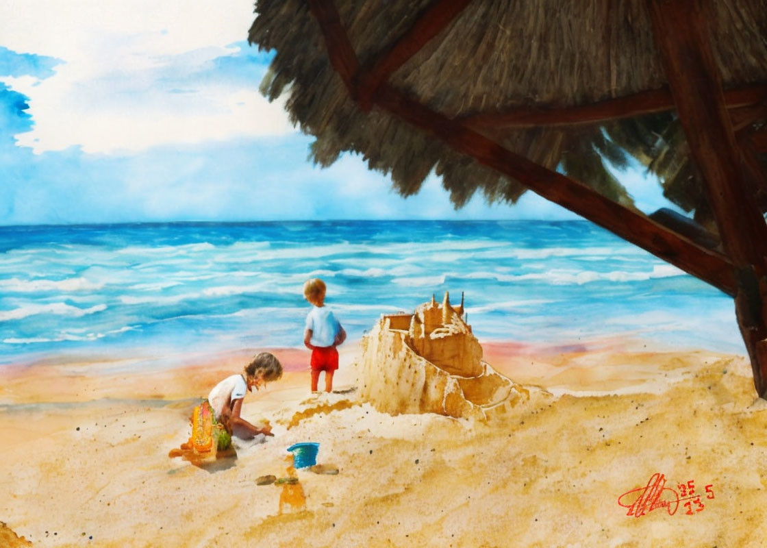 Children playing on sandy beach with sandcastle and straw hut by ocean