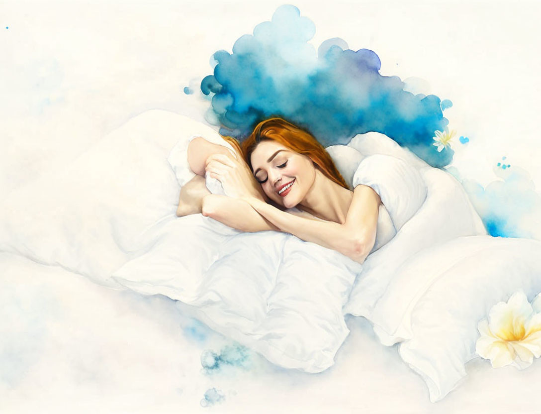 Smiling woman in white bedding with blue watercolor splash and white flower