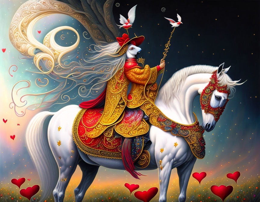 Regal woman on white horse with flying birds and hearts