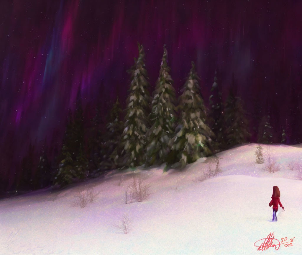 Solitary figure in snowy landscape under aurora borealis.