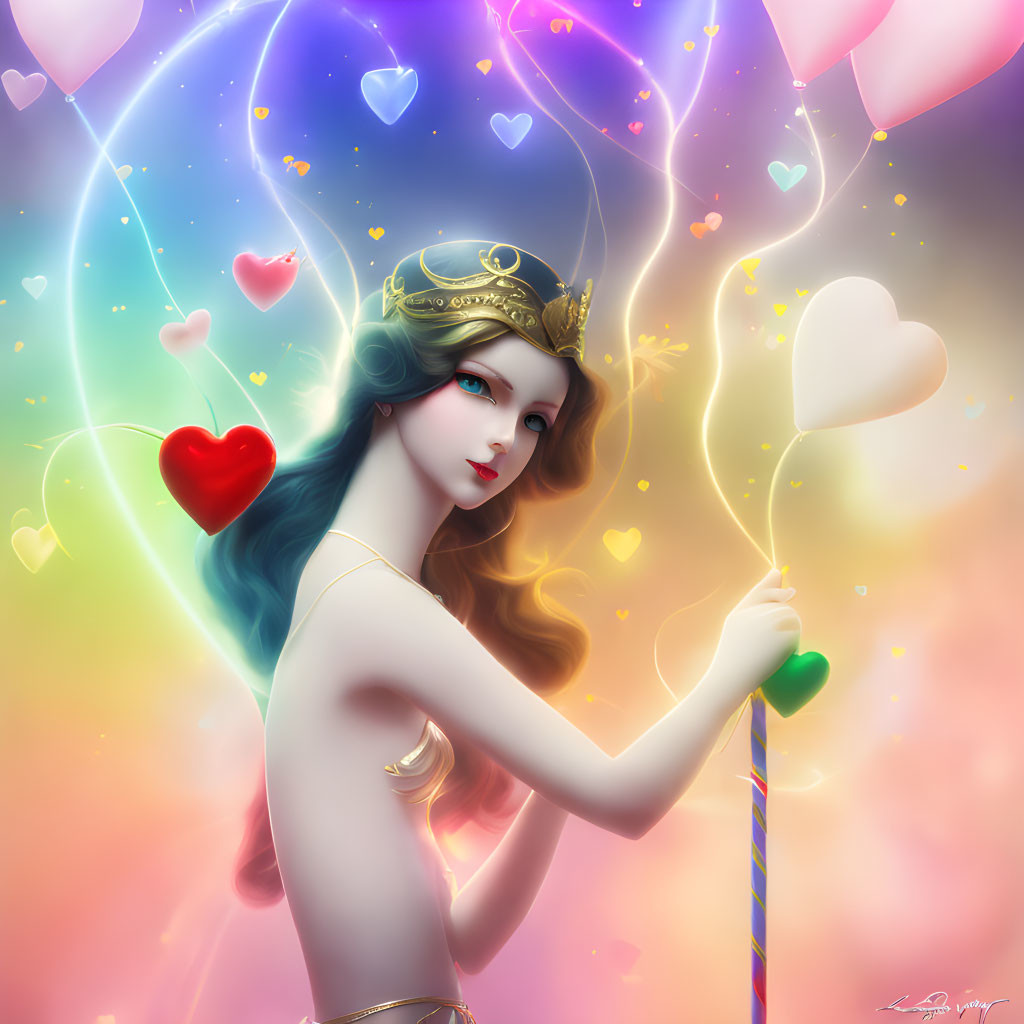 Colorful digital artwork: Woman with crown and heart-shaped balloon surrounded by hearts and lights