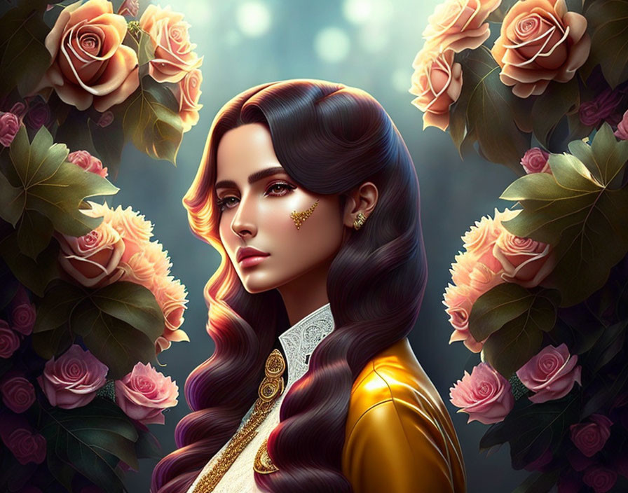 Illustrated woman with long hair among pink roses in serene expression