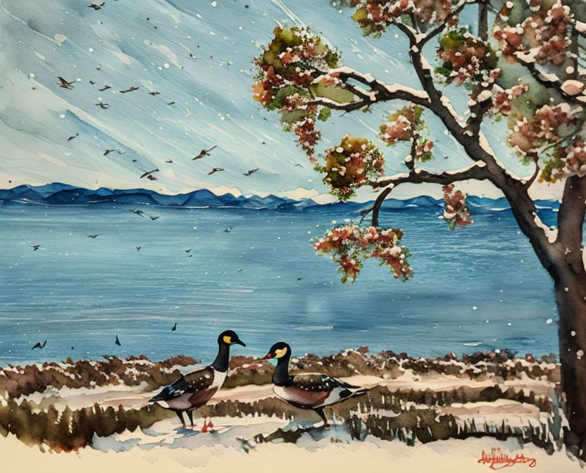 Scenic watercolor painting of ducks under blossoming tree by lake