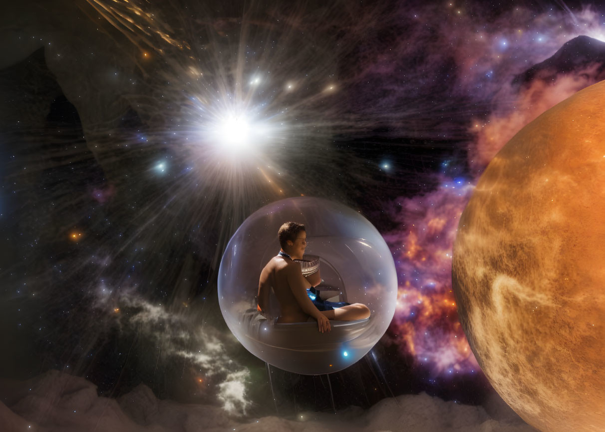 Person sitting in transparent bubble in surreal cosmic landscape with stars, planet, and nebulae.