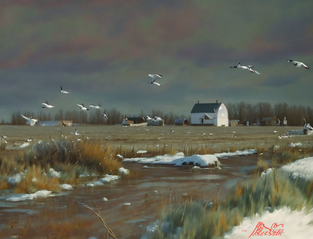 Tranquil winter scene with white farmhouse, snow patches, flying birds, and pink cloudy sky