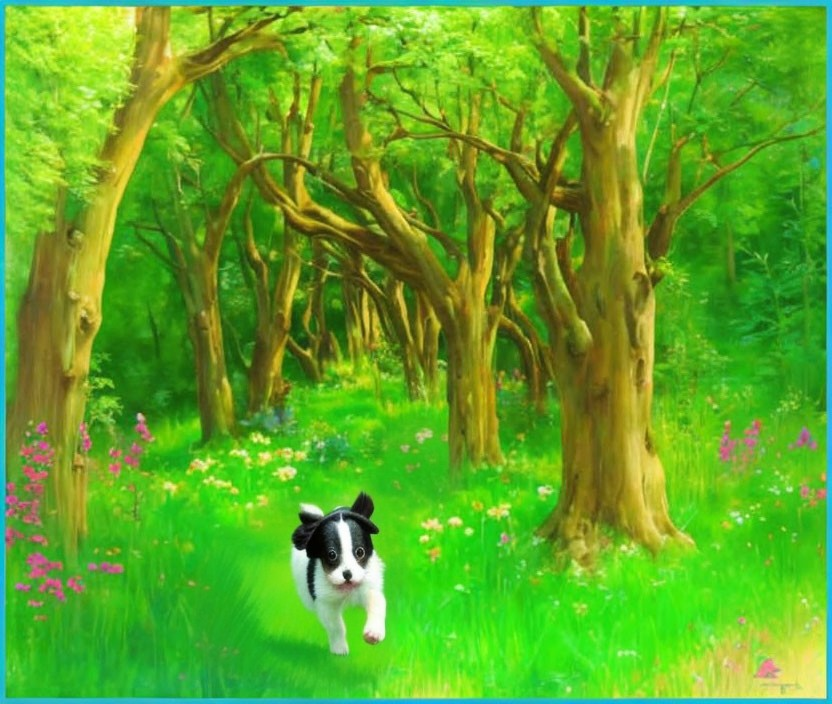 Black and White Puppy in Colorful Forest Clearing