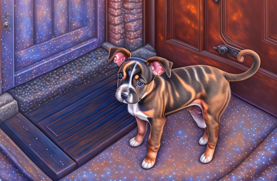 Brown and White Puppy on Starry Rug by Wooden Door