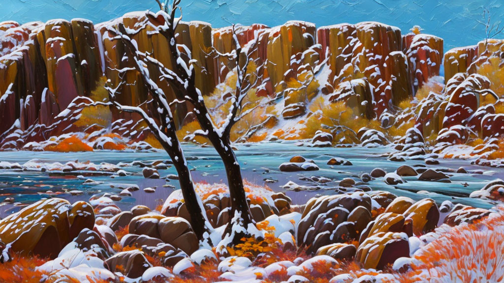 Winter scene painting: Vibrant colors, leafless tree, snow-covered rocks, flowing river, colorful