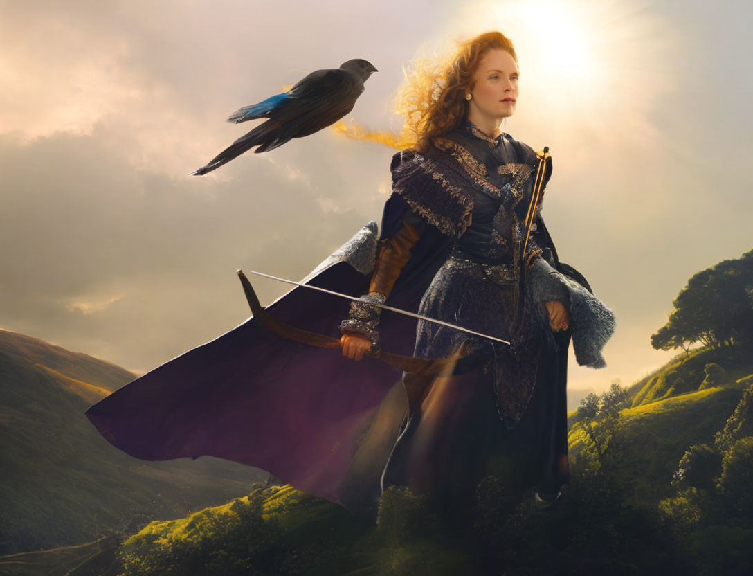 Medieval woman in majestic attire with sword on hill under sunlight