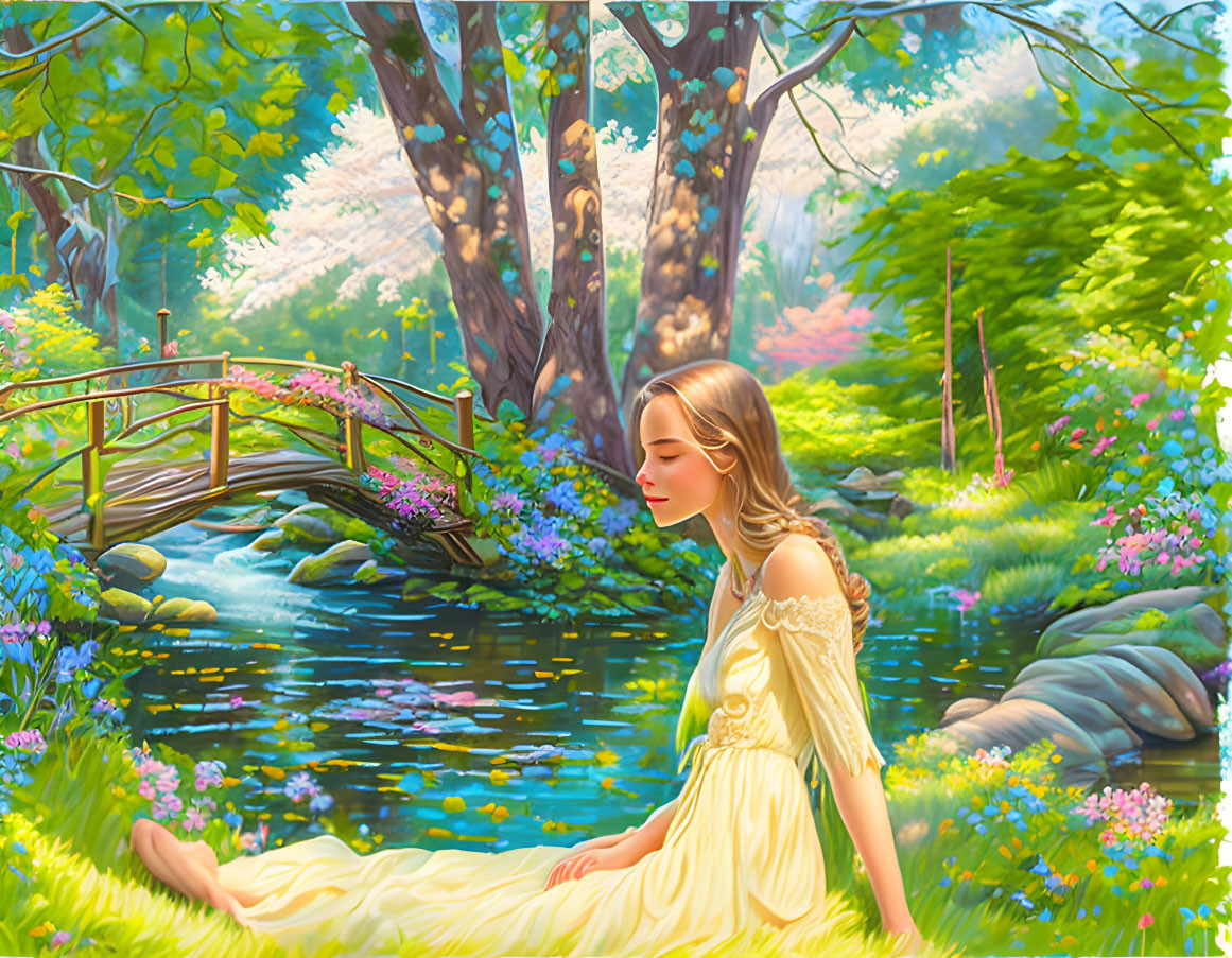 Tranquil illustration of woman by stream in lush forest