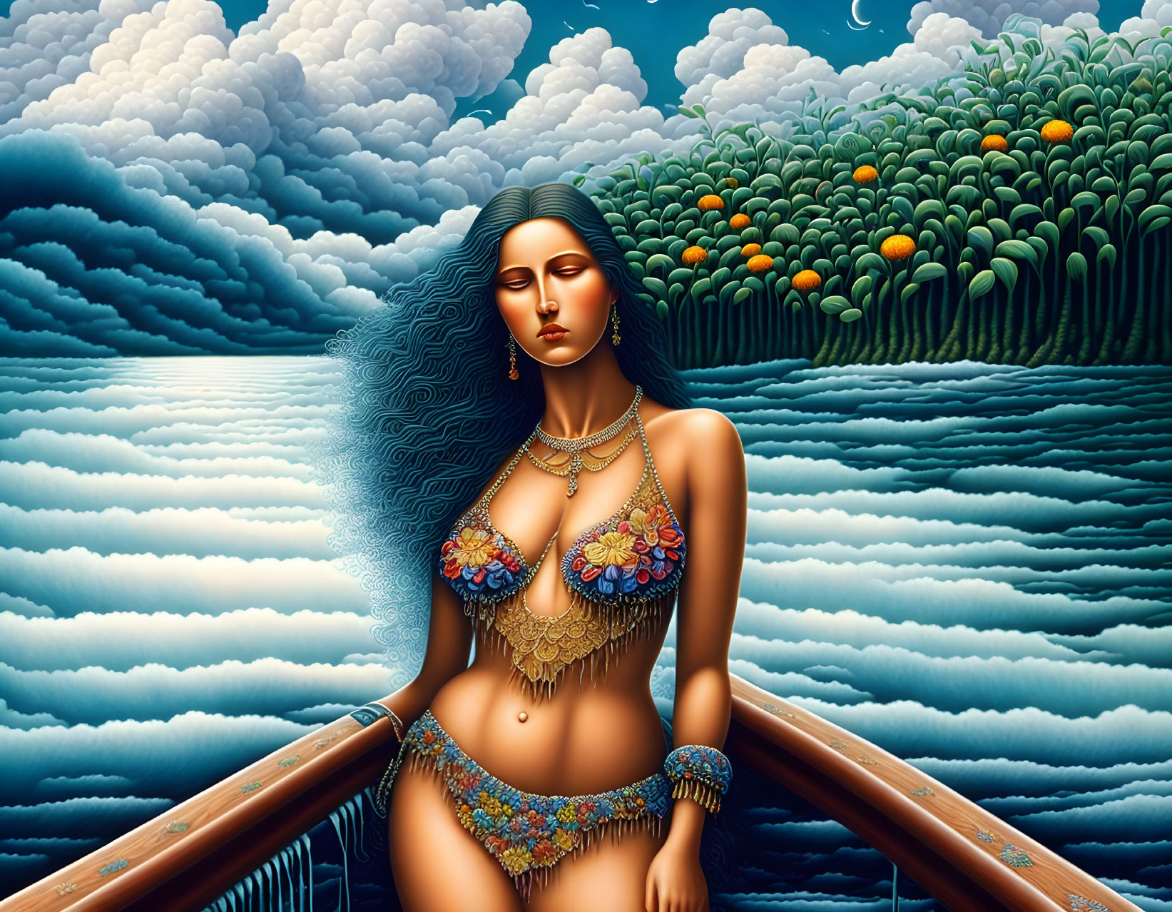 Surrealist artwork of woman with blue hair in boat blending with sea and sky