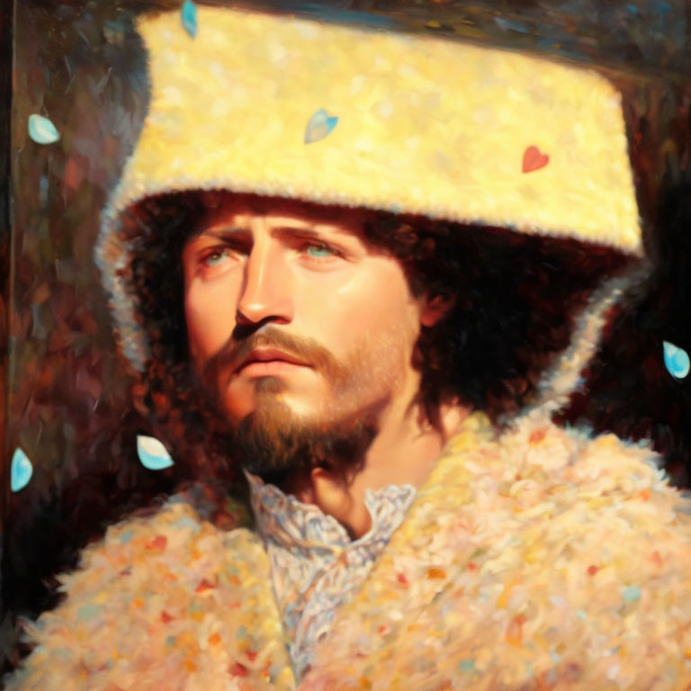 Portrait of Bearded Man in Fluffy Hat and Textured Coat on Colorful Background