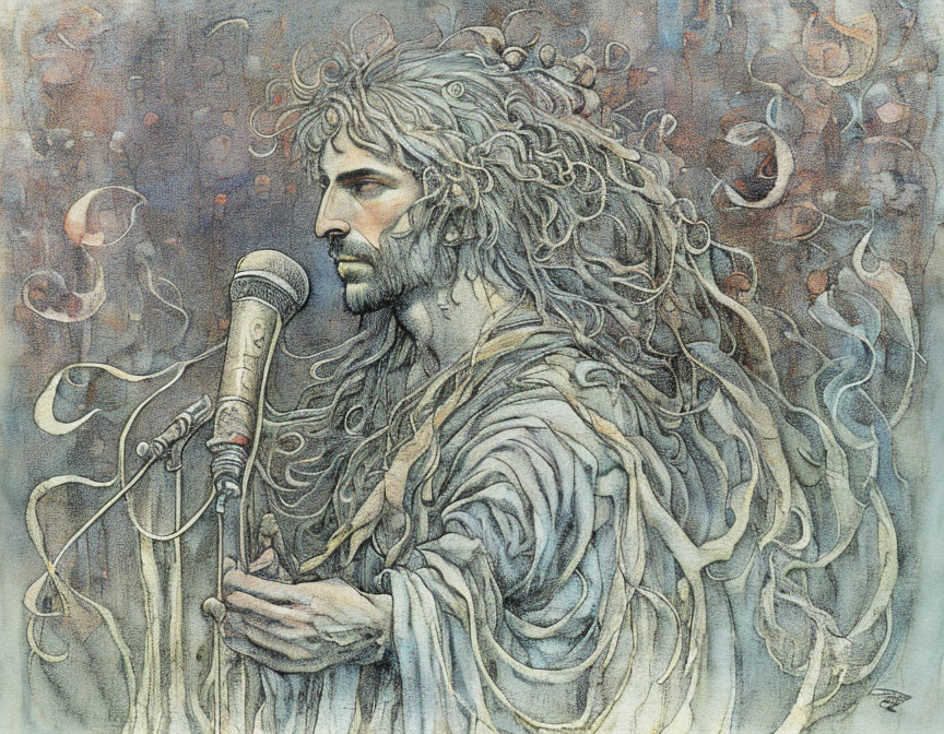 Illustrated man in flowing robes at microphone with surreal smoke and bubbles