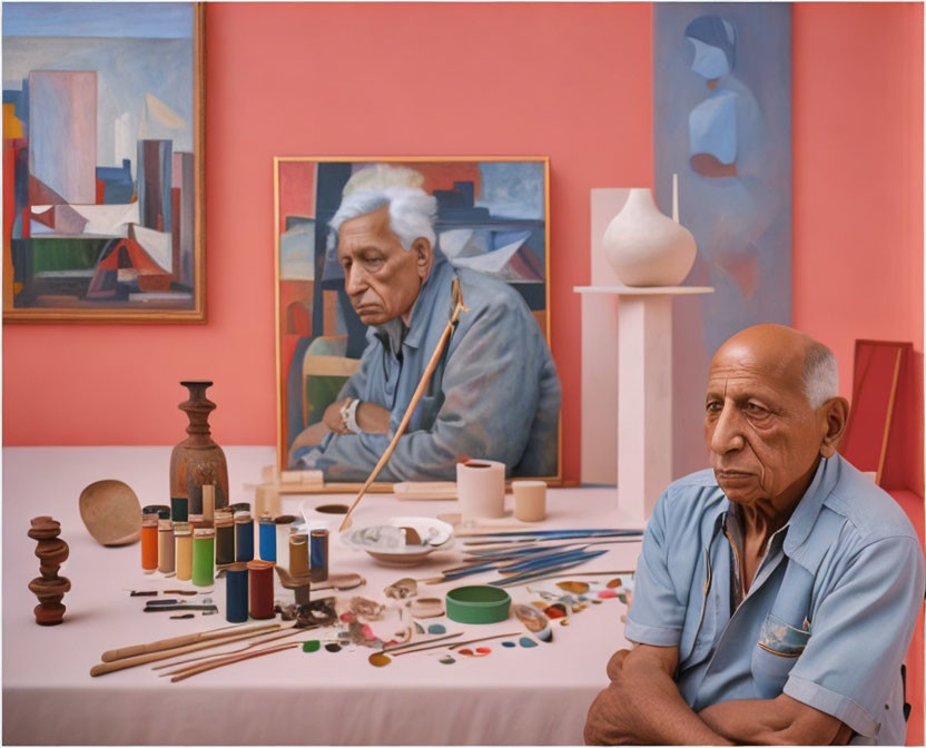 Elderly Person Surrounded by Art Supplies and Paintings