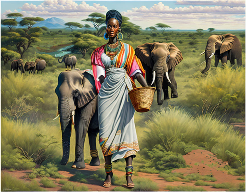 Traditional African Attire Woman with Basket and Elephants