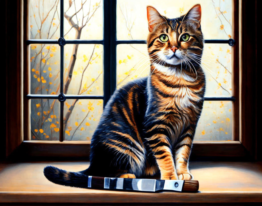 Tabby Cat with Unique Patterns on Windowsill with Yellow-Leaved Trees