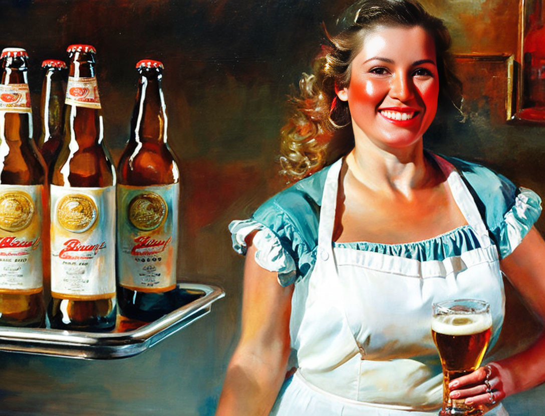 Vintage-Style Painting of Smiling Waitress in Dirndl with Beer Tray