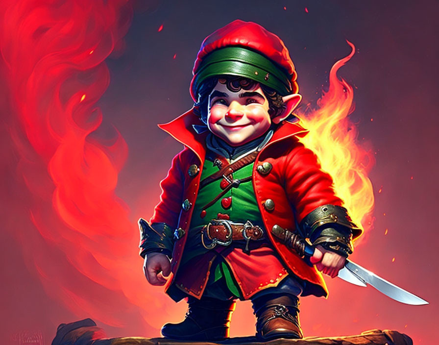 Smiling fantasy gnome with knife in red outfit on fire background