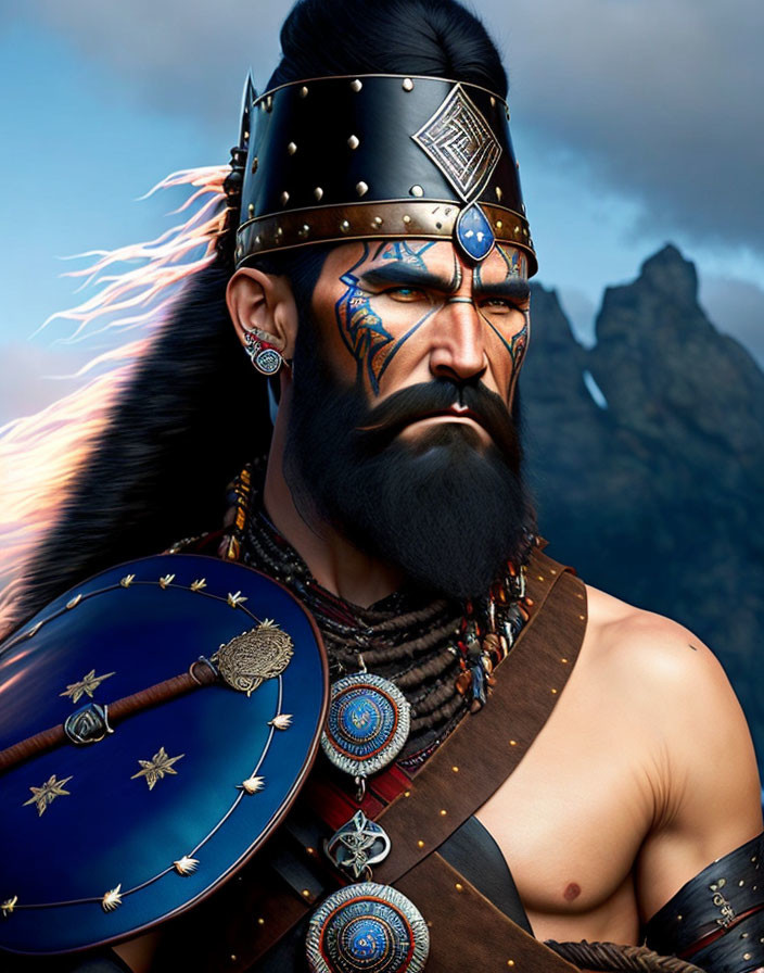 Warrior with Blue Facial Tattoos in Studded Headband and Armor Against Mountain Backdrop