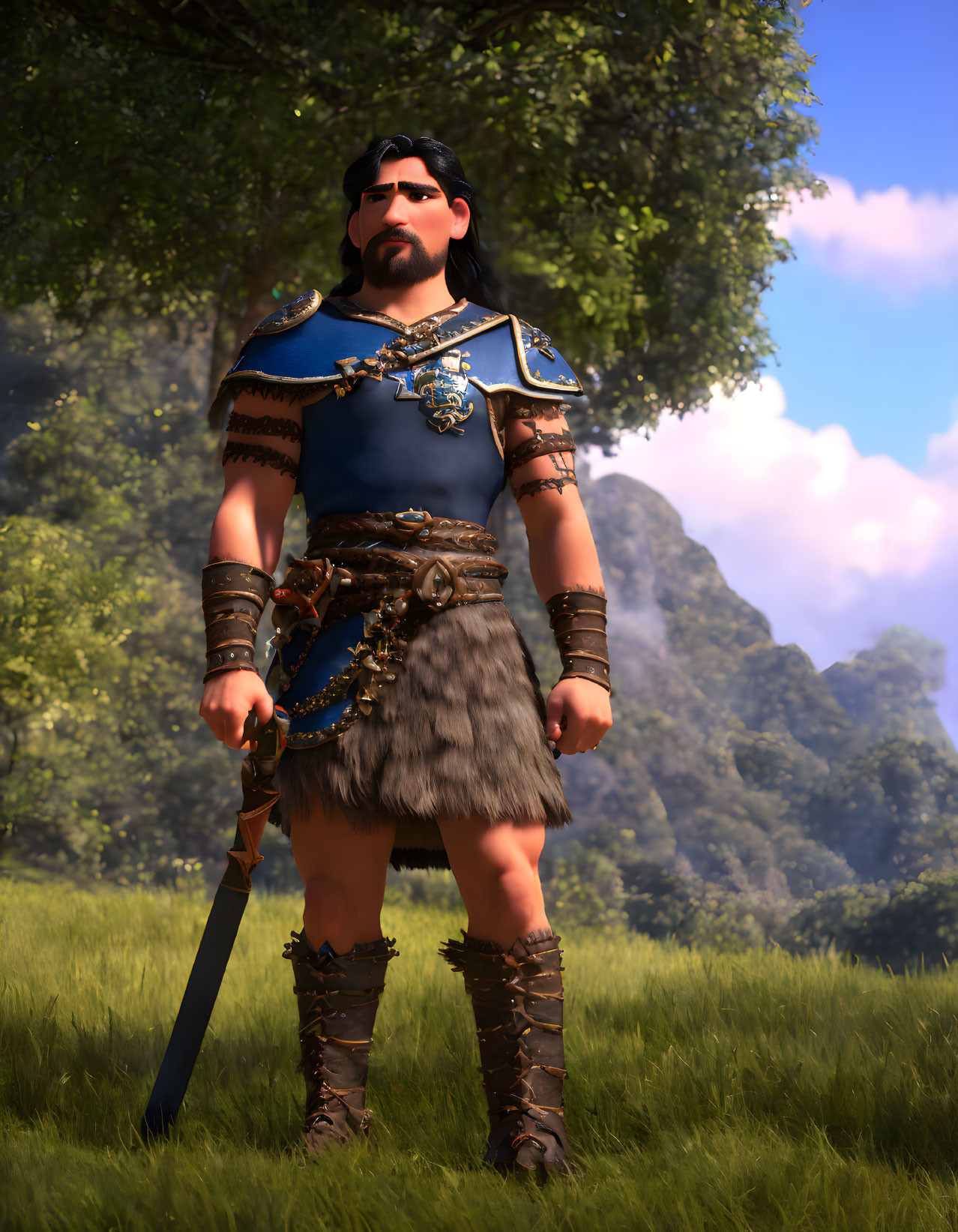 Animated warrior in blue tunic with sword in forest clearing