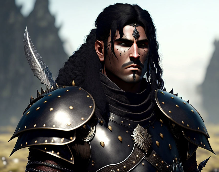 Fantasy warrior digital art: Long black hair, stern expression, ornate black armor.