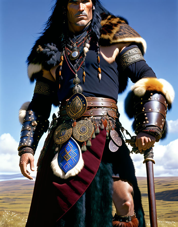 Traditional Mongolian Costume with Fur Accents and Staff Against Grassland Sky