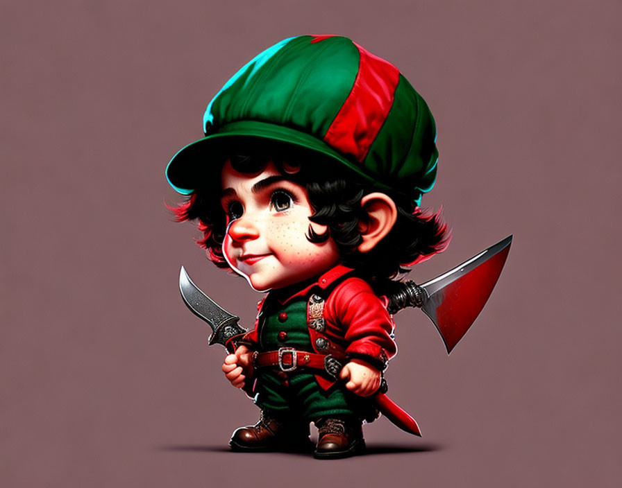 Child-like character in green cap and red medieval outfit with axe on plain background