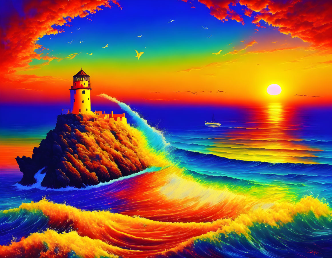 Colorful artwork of lighthouse on rocky island with rainbow waves, fiery sky, birds, sailboat