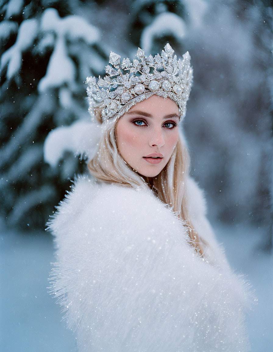 Woman in Sparkly Crown and White Fur Shawl Poses in Snowy Scene