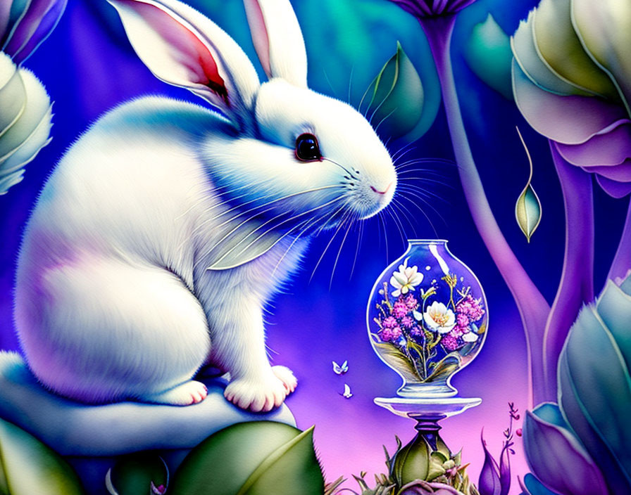 Illustration of white rabbit with colorful flowers and oversized purple and blue flora