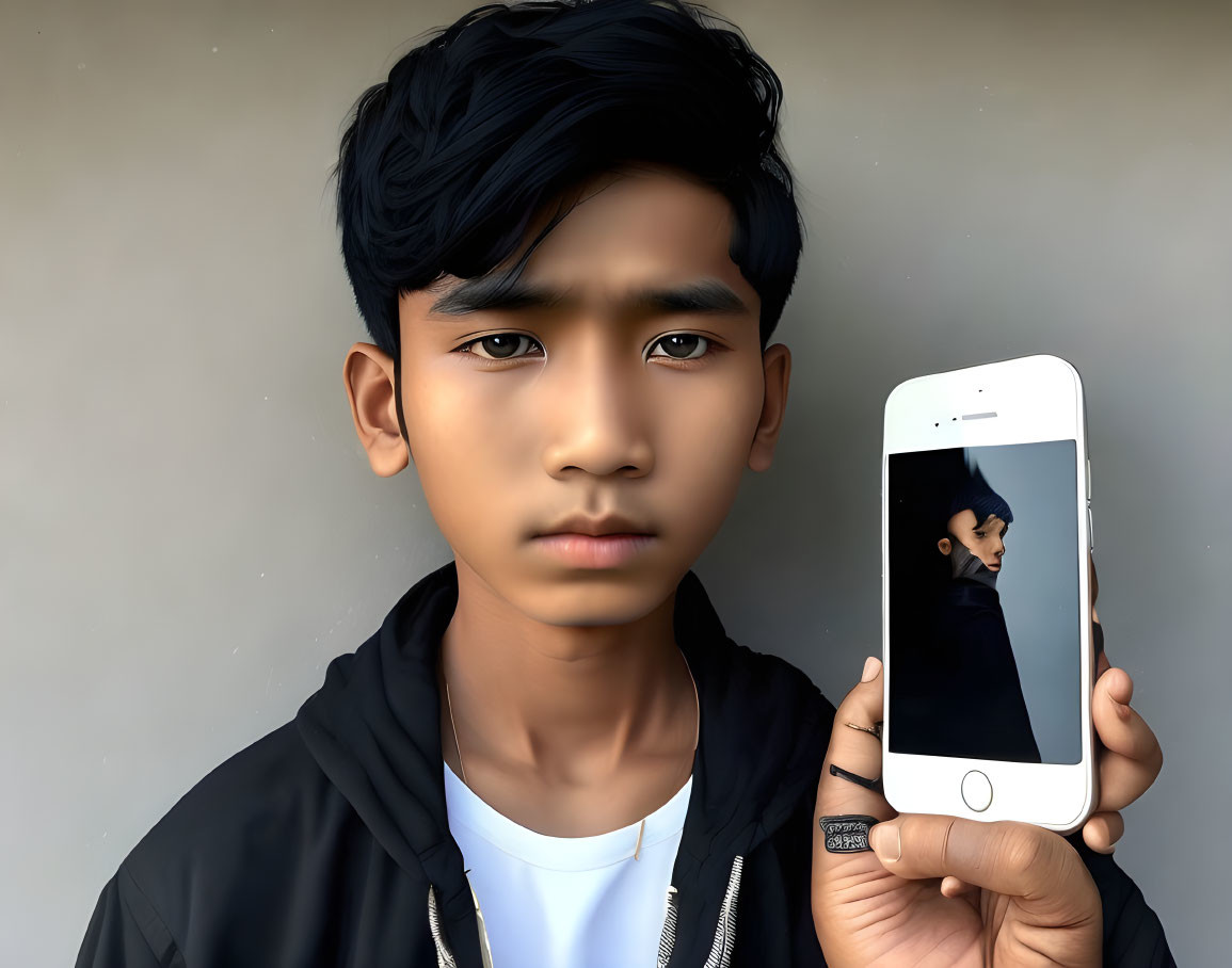 Reflection illusion created by young person holding smartphone