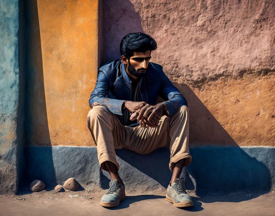 Bearded man in blue jacket crouching against colorful wall