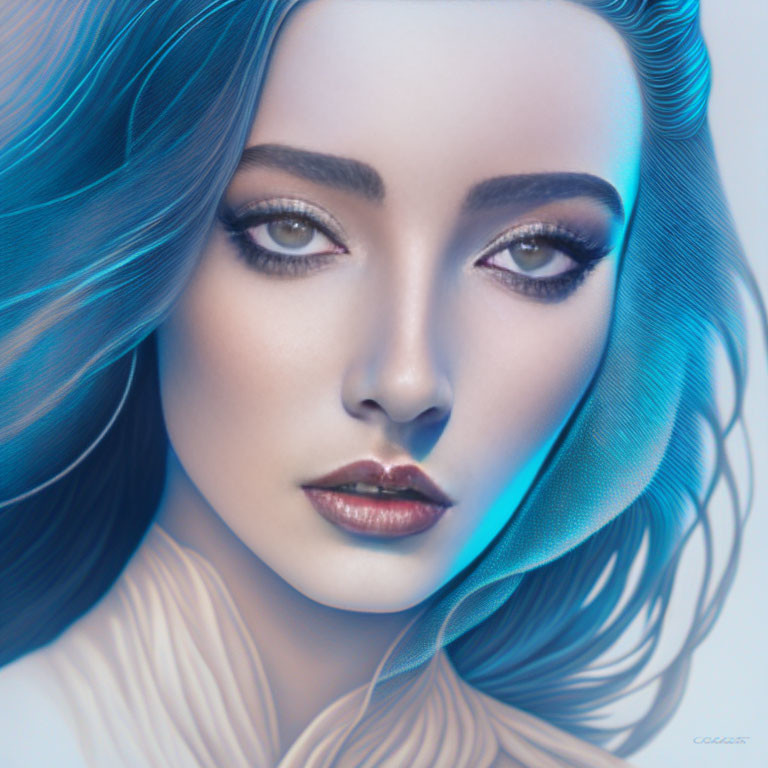 Detailed digital portrait of a woman with blue hair and captivating eyes