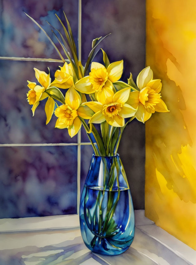 Vibrant watercolor painting of yellow daffodils in blue vase