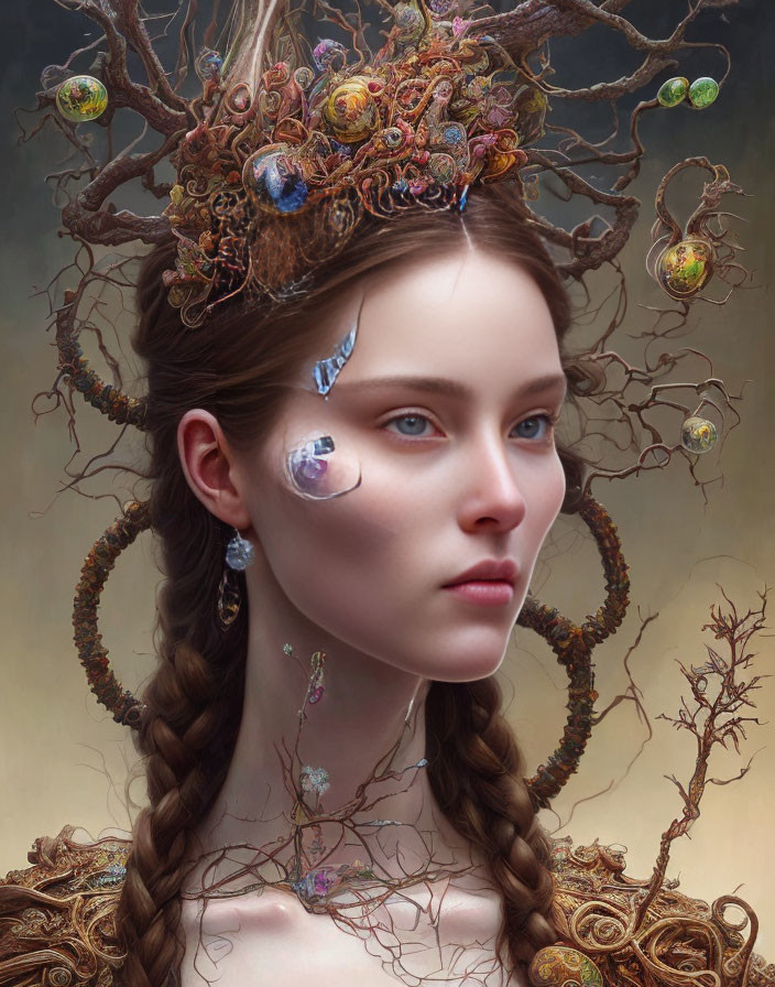 Portrait of woman with pale skin, braided hair, crown of branches, colorful orbs, tear-shaped