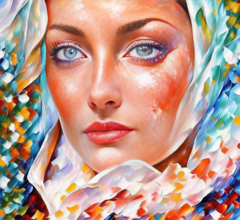 Close-up of woman with striking blue eyes and bold makeup, colorful scarf, painterly quality, vibrant