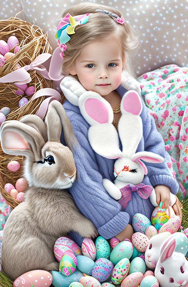 Young girl with bow and bunny surrounded by Easter eggs and plush rabbits in spring theme