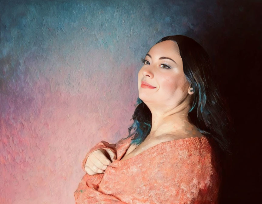 Dark-Haired Woman Smiling in Pink Top Against Pastel Backdrop